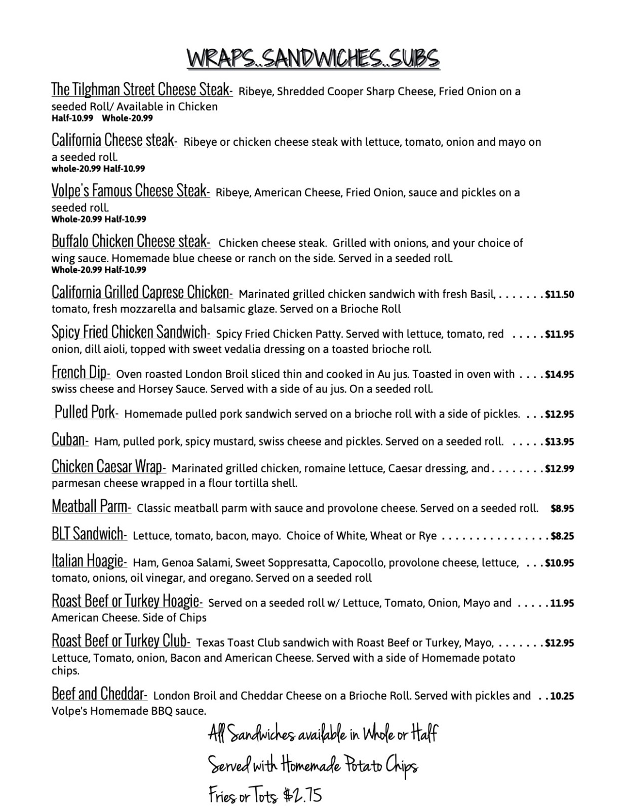 volpe's allentown menu